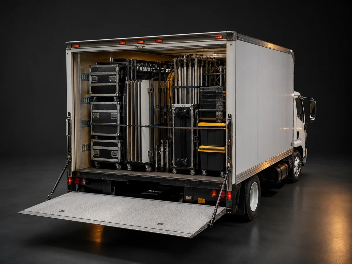 Large rolling cases, tables, tent frames, and staging equipment loaded in an open box truck