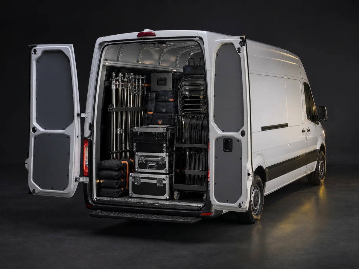Rolling cases, stands, folding chairs, and event equipment secured in an open cargo van
