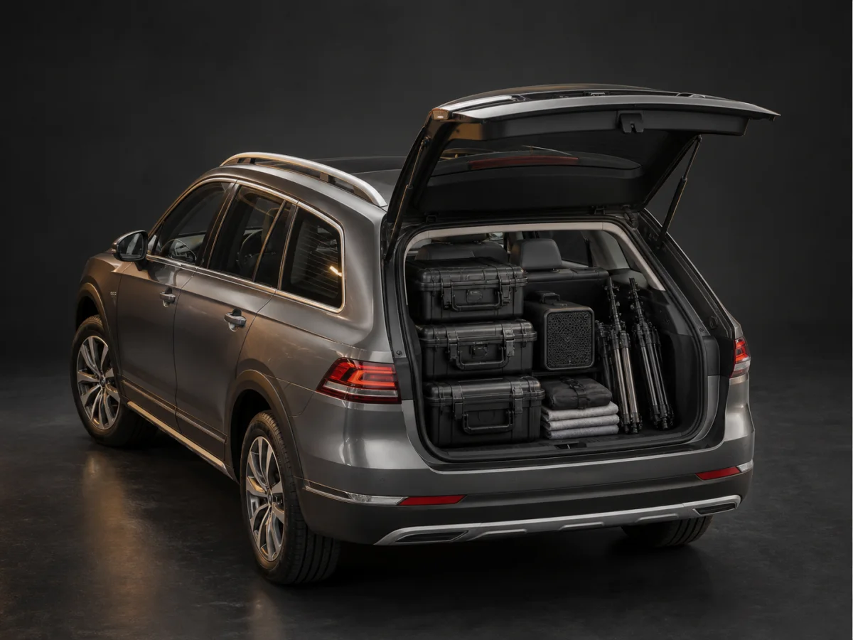 Several rental cases, stands, and a compact speaker loaded in the open rear of a medium crossover