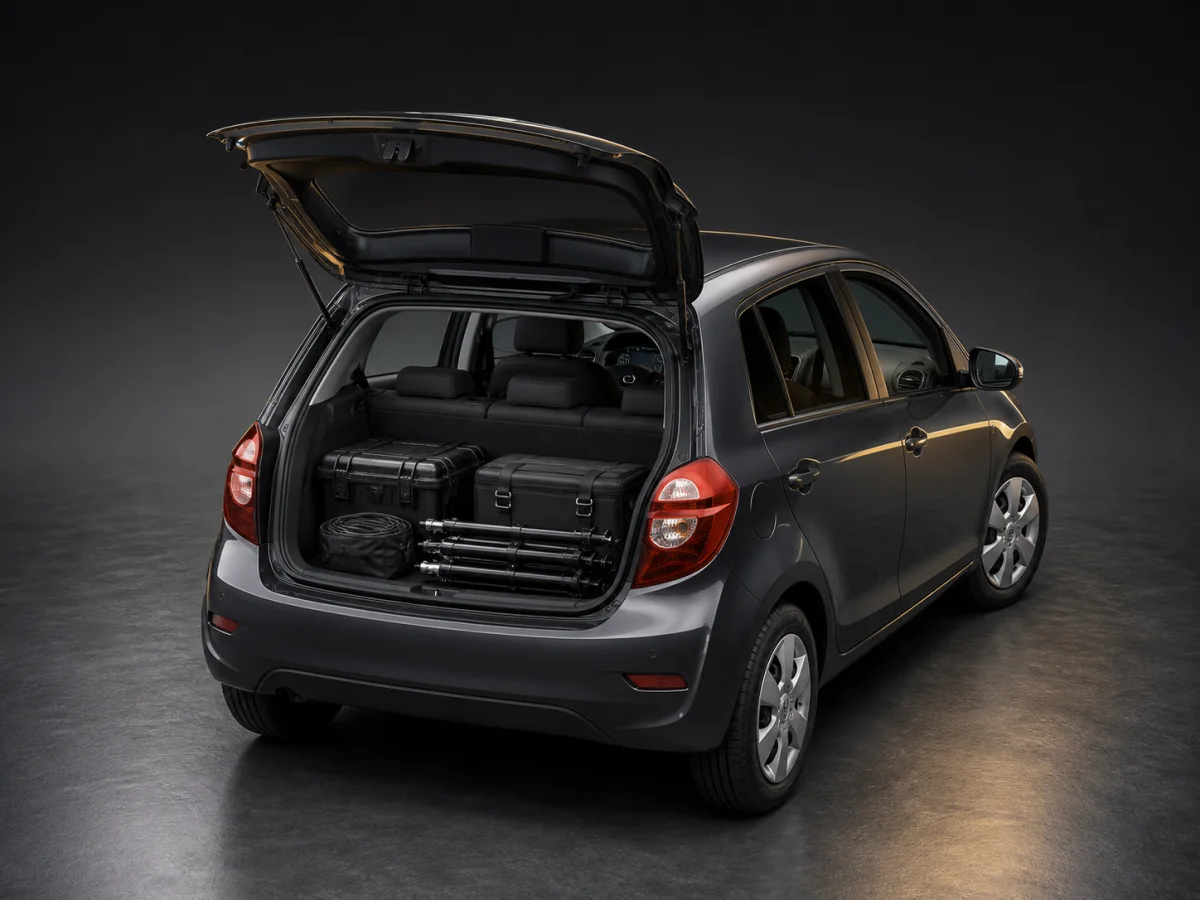 Compact rental cases and folded stands loaded in the open trunk of a small car