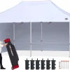 White event canopy with side walls; a woman handles an ABCCANOPY carrying bag, with weight bags and stakes arranged in front.