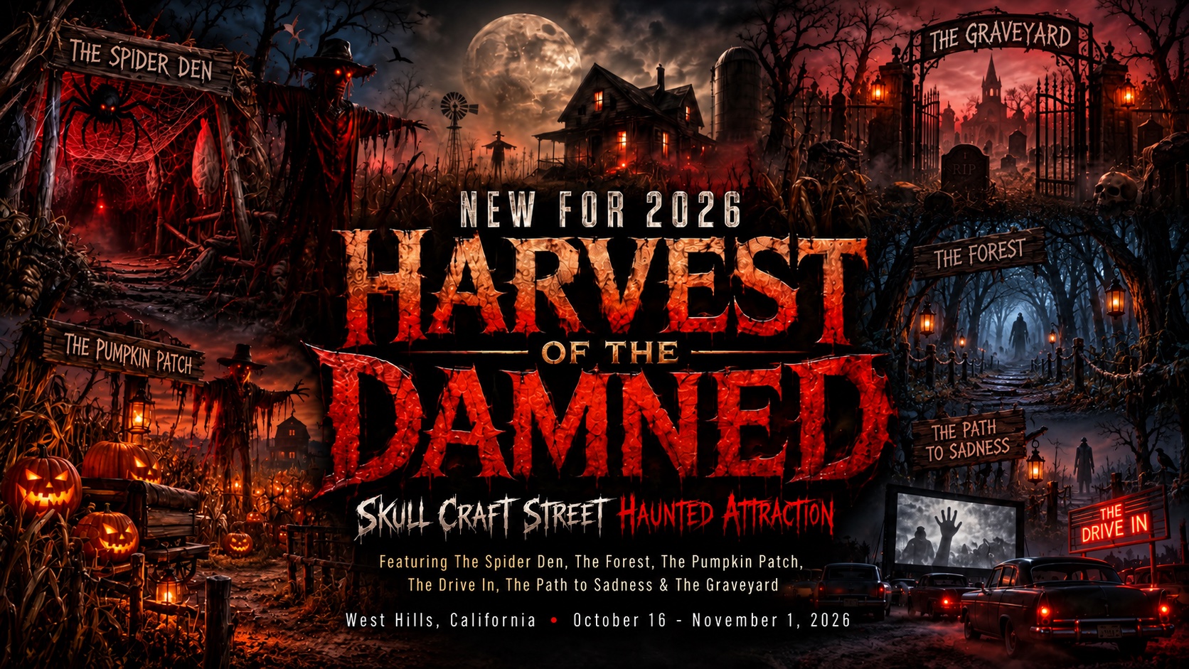 Harvest of the Damned — Skullcraft Street Haunted Attraction, new for 2026. West Hills, California, October 16 – November 1, 2026.